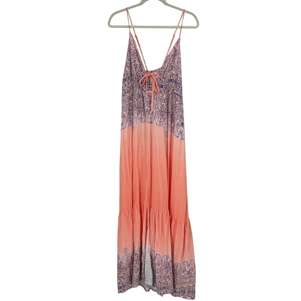 VENUS Size 18 Coral Blue Paisley Maxi Dress Boho Tie Front Tiered Resort